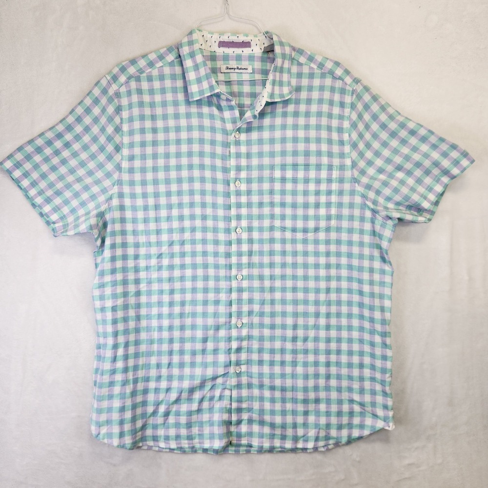 Tommy Bahama‎ Mens XL Linen Blend Gingham Short Sleeve Button Down Shirt Teal
